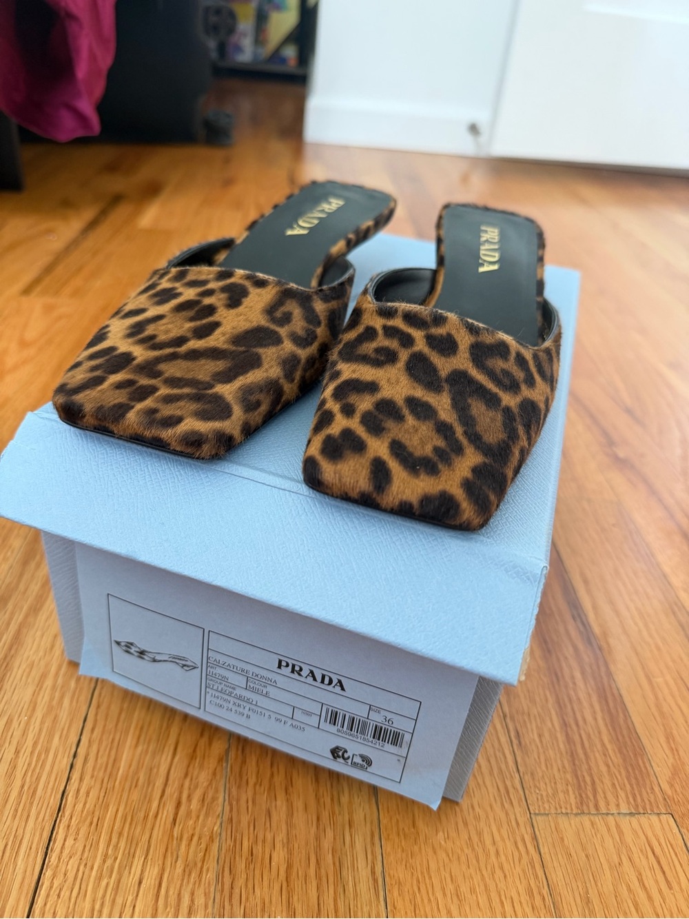 Prada Leopard Ponyhair Square Toe Mule w/ Triangle Heel NIB - Picture 5 of 6
